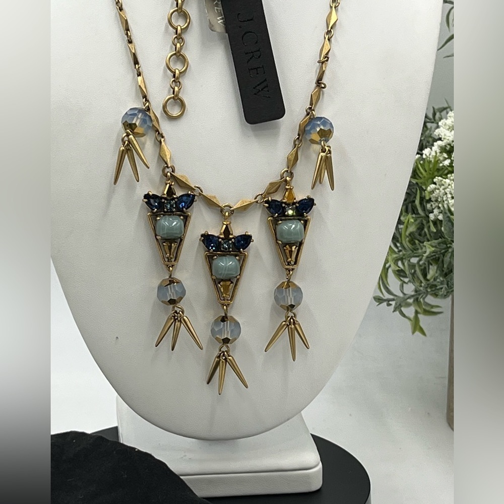 J. Crew Gold Tone Blue Aurora Borealis Blue Cabochon Spike Long Necklace New‎